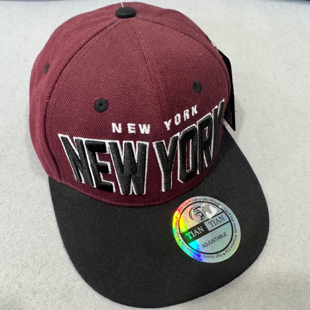 Tian Tian New York Snapback Hat Mens Maroon Black 3D Embroidered Flat Bill Cap